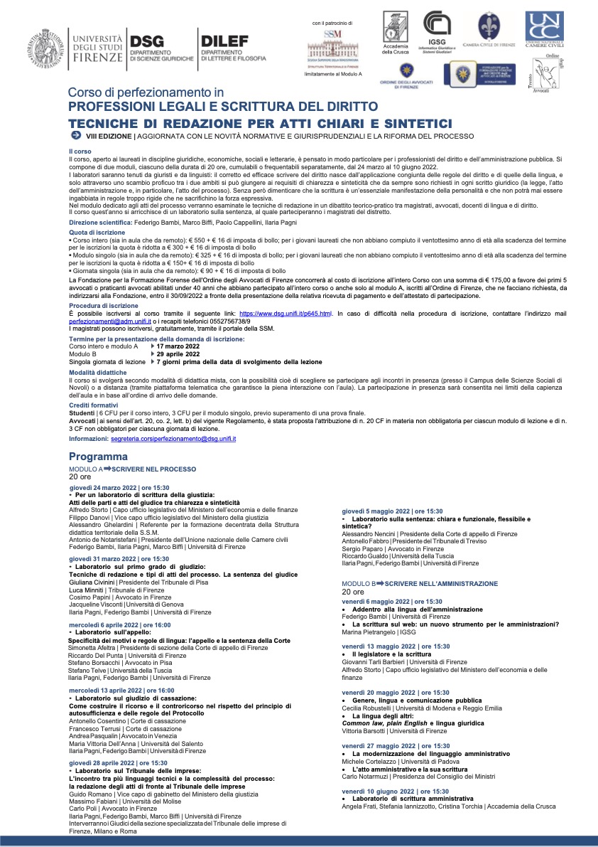 Corso di perfezionamento in "Professioni legali e scrittura del diritto: tecniche di redazione per atti chiari e sintetici. VIII Edizione – aggiornata con le novità normative e la riforma del processo"